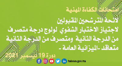 لائحة المترشحون المقبولون لاجتياز الاختبار الشفوي الخاص بامتحان الكفاءة المهنية لولوج درجة متصرف من الدرجة الثانية ومتصرف من الدرجة الثانية متعاقد -الميزانية العامة للدولة