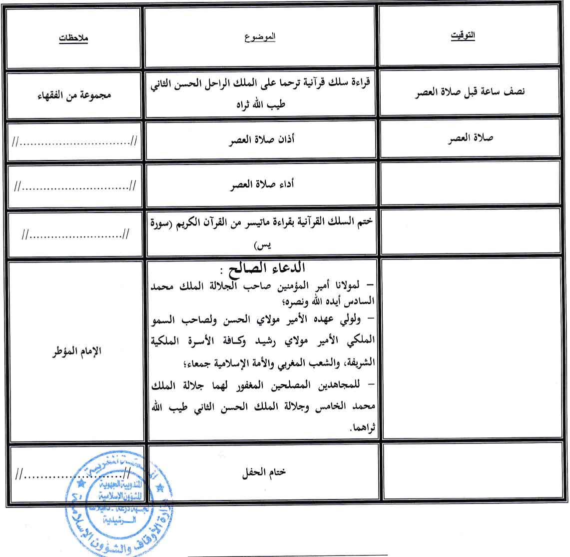 برنامج إحياء ذكرى وفاة جلالة المغفور له الحسن الثاني طيب الله ثراه بالمساجد المركزية بإقليم الرشيدية