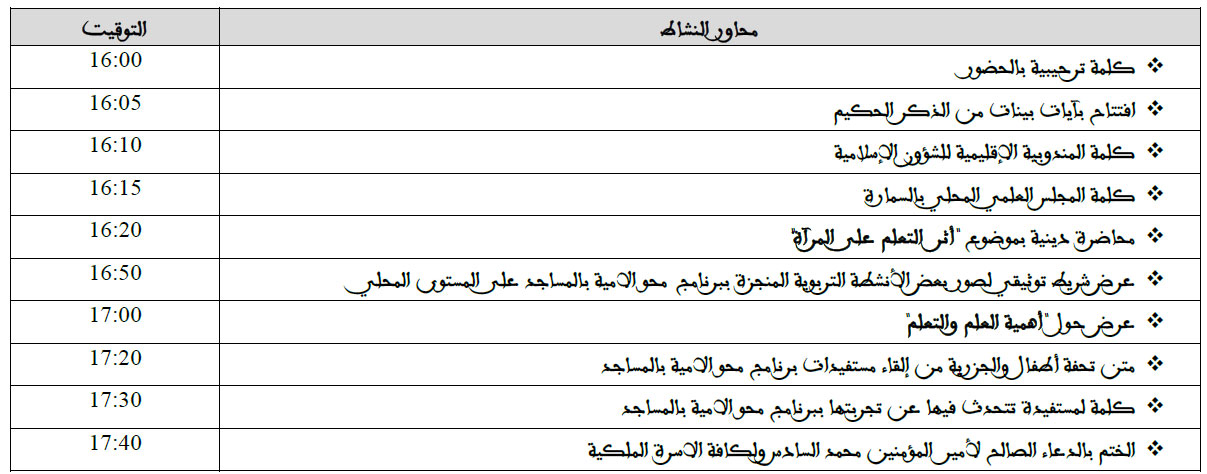 برنامج نشاط مواز لفائدة المستفيدات من برنامج محو الامية بالمساجد برحاب المسجد الكبير بالسمارة برنامج نشاط مواز لفائدة المستفيدات من برنامج محو الامية بالمساجد برحاب المسجد الكبير بالسمارة