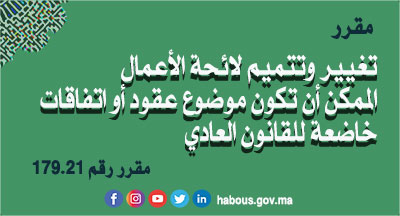 مقرر 179.21 بتغيير وتتميم لائحة الأعمال الممكن أن تكون موضوع عقود أو اتفاقات خاضعة للقانون العادي الملحقة بالقرار 258.13