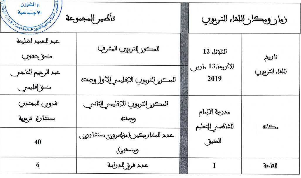 برنامج اللقاء التربوي الثاني لفائدة مؤطري برنامج محو الأمية بالمساجد بالعيون برسم الموسم الدراسي 2019/2018 groupe 3 laayoune formation