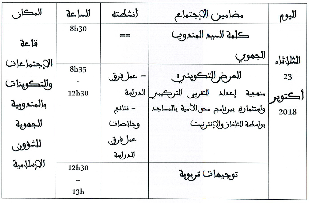 العيون: اجتماع تكويني لفائدة المنسقين الإقليميين ببرنامج محو الأمية بالمساجد laayoune programme reunion annonce site mhai 221018