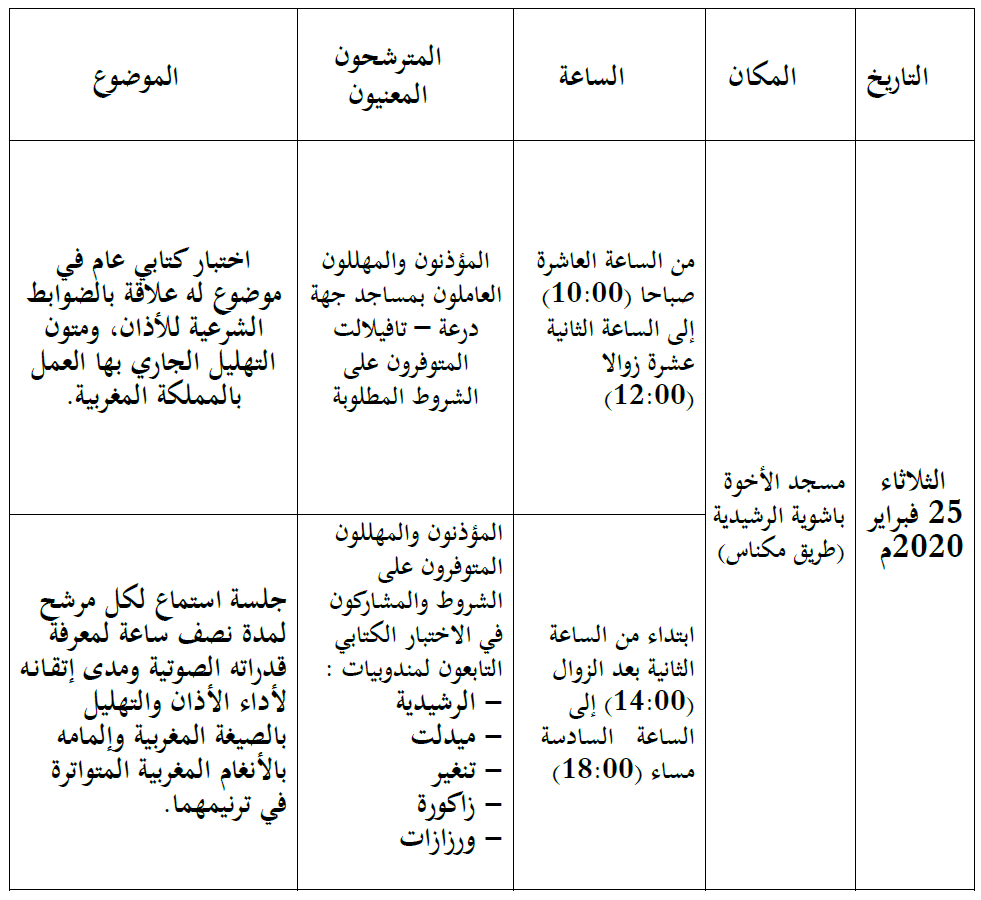 برنامج المسابقة الجهوية لنيل جائزة محمد السادس التقديرية للأذان والتهليل بجهة درعة تافيلالت برنامج المسابقة الجهوية لنيل جائزة محمد السادس التقديرية للأذان والتهليل بجهة درعة تافيلالت