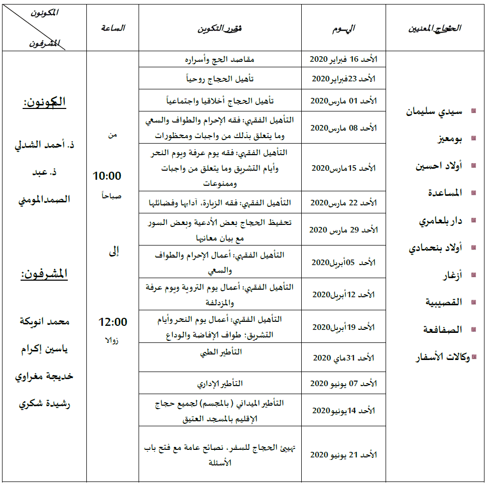 برنامج تأطير الحجاج بسيدي سليمان للعام 2020/1441 برنامج تأطير الحجاج بسيدي سليمان للعام 2020/1441
