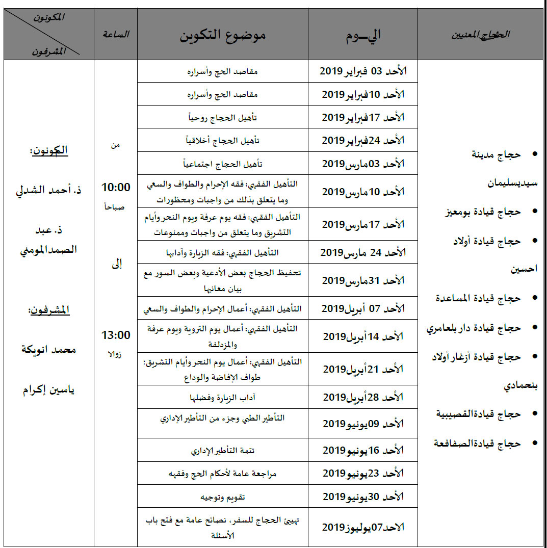 برنامج تأطير الحجاج بمدينة سيدي سليمان للعام 2019/1440 sidi slimane pelernage mhai 050219