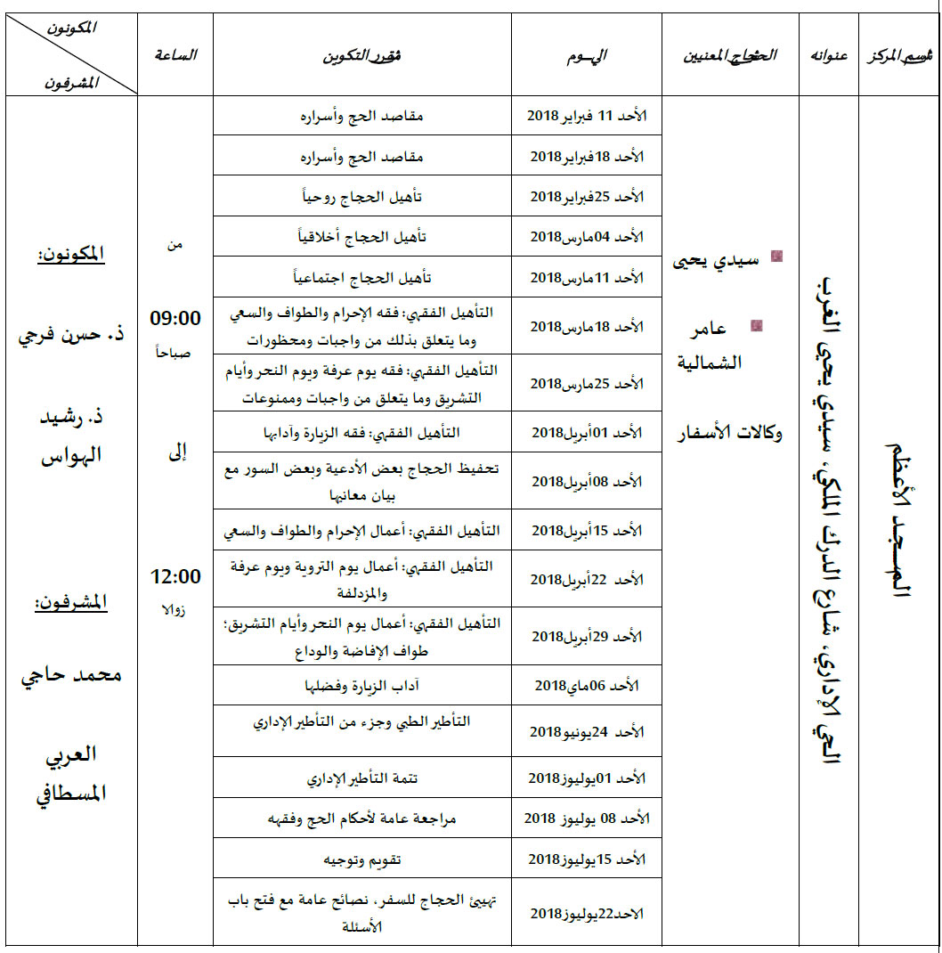 برنامج تأطير الحجاج بمدينة سيدي يحيى الغرب استعدادا لموسم حج 1439 sdi yahiya algherb pelerinage 1439 2018 090218