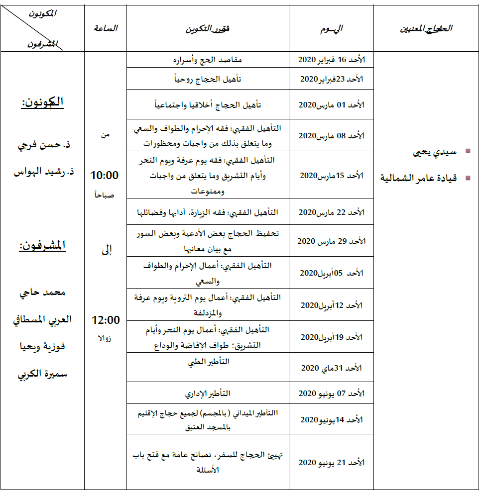 برنامج تأطير الحجاج بسيدي يحيى للعام 2020/1441