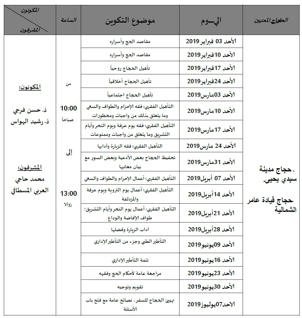 برنامج تأطير الحجاج بمدينة سيدي يحيى للعام 2019/1440 برنامج تأطير الحجاج للعام 1440 بمدينة سيدي يحيى
