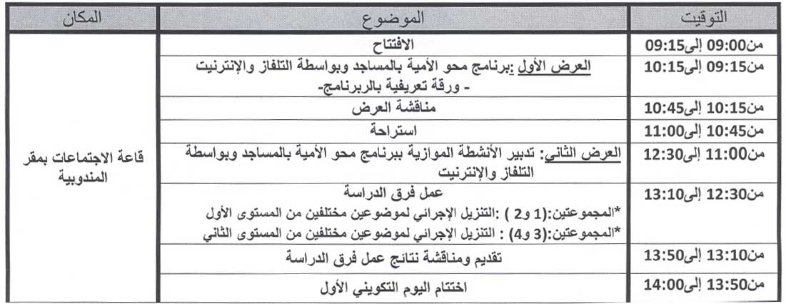 برنامج اللقاء التربوي لتكوين المؤطرات والمؤطرين بدروس محو الأمية بالمساجد وبواسطة التلفاز والأنترنيت في شفشاون (الفوج الأول) برنامج اللقاء التربوي لتكوين المؤطرات والمؤطرين بدروس محو الأمية بالمساجد وبواسطة التلفاز والأنترنيت في شفشاون (الفوج الأول)