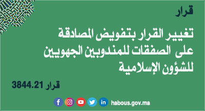 تفويض المصادقة على الصفقات لمندوبين جهويين للشؤون الإسلامية بجهات مراكش آسفي ودرعة تافيلالت وسوس ماسة تفويض المصادقة على الصفقات لمندوبين جهويين للشؤون الإسلامية بجهات مراكش آسفي ودرعة تافيلالت وسوس ماسة