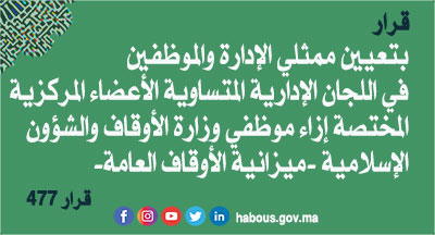  قرار بتعيين ممثلي الإدارة والموظفين في اللجان الإدارية المتساوية الأعضاء المركزية المختصة إزاء موظفي وزارة الأوقاف والشؤون الإسلامية -ميزانية الأوقاف العامة-