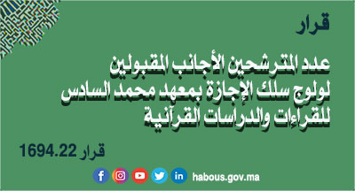 قرار بتحديد عدد المترشحين الأجانب المقبولين لولوج سلك الإجازة بمعهد محمد السادس للقراءات والدراسات القرآنية برسم السنة الجامعية 2022-2023