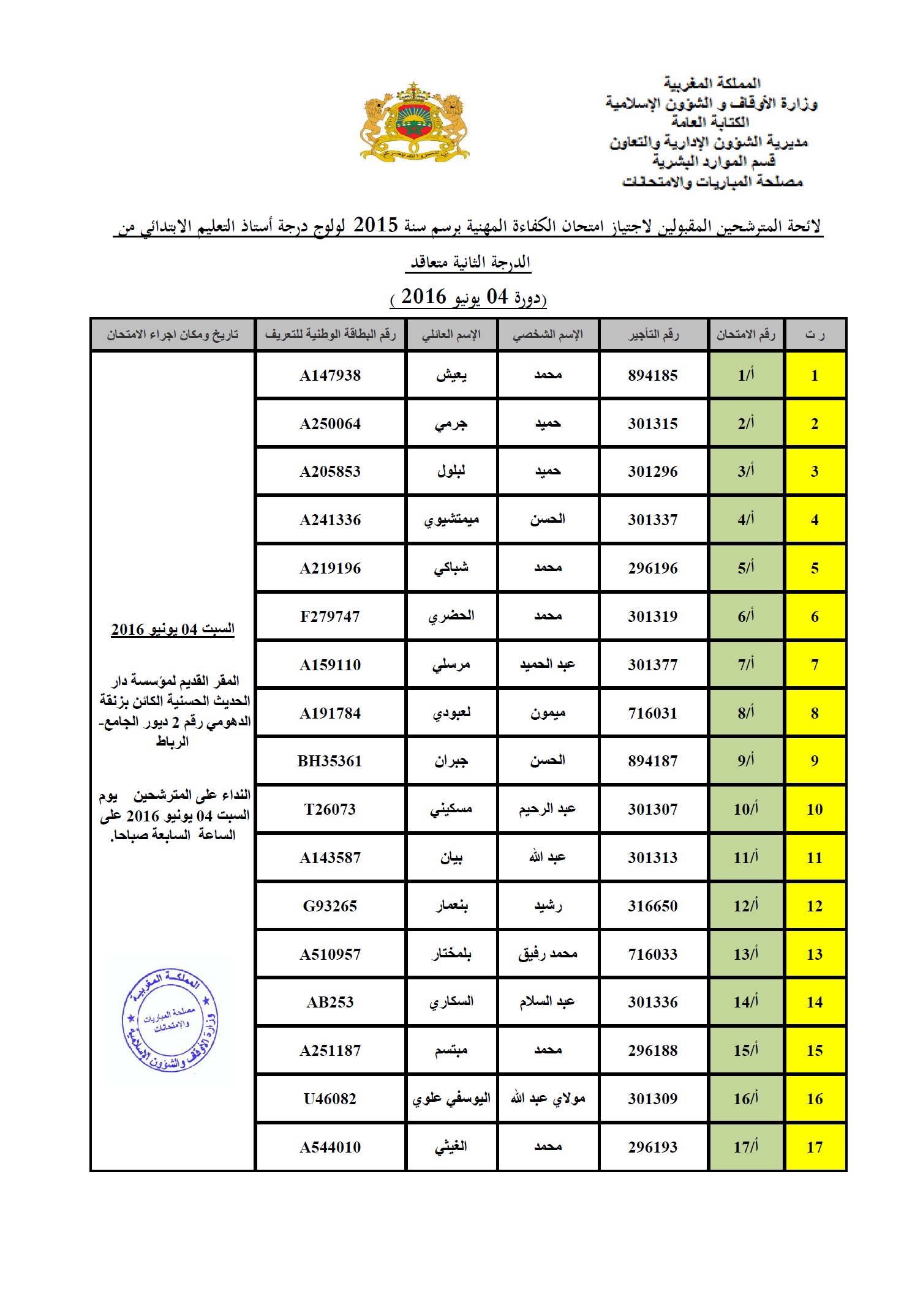 liste des cancdidats admis pour examens Accès au grade denseignant du niveau primaire 2ème grade session 4 06 2016 1