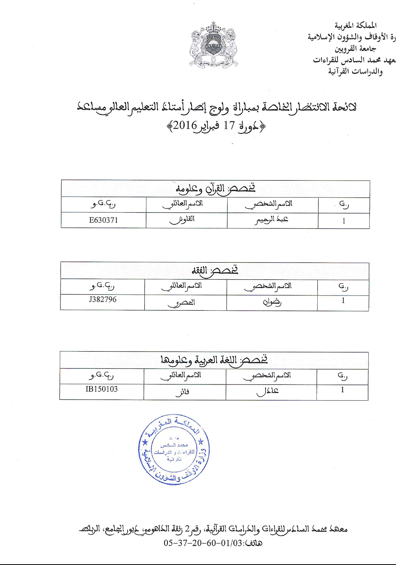 liste attente concour embauche proffesseur adjoint etude superieur institut mohammed vi lecture et etudes coranique session 17 fevrier 2016 2