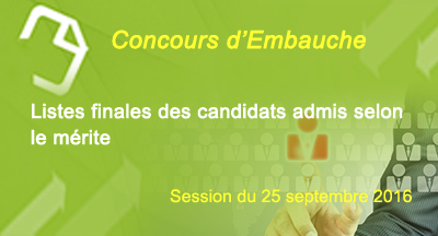 Listes finales des candidats admis selon le mérite aux concours d'embauche (session du 25 septembre 2016)