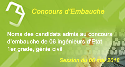 Candidats admis au concours d'embauche de 06 ingénieurs d'Etat (1er grade) 