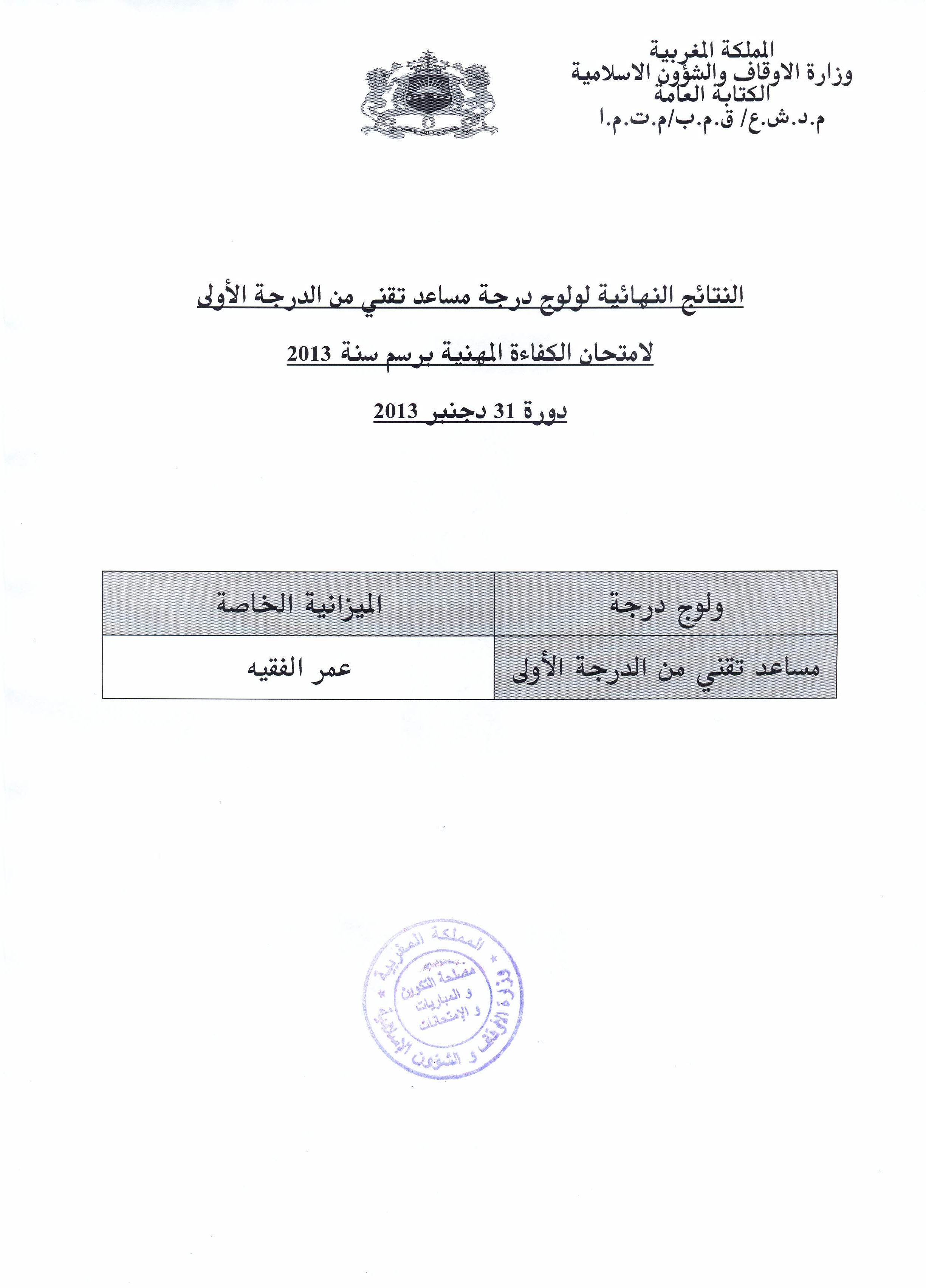 النتيجة النهائية لولوج درجة مساعد تقني من الدرجة الأولى