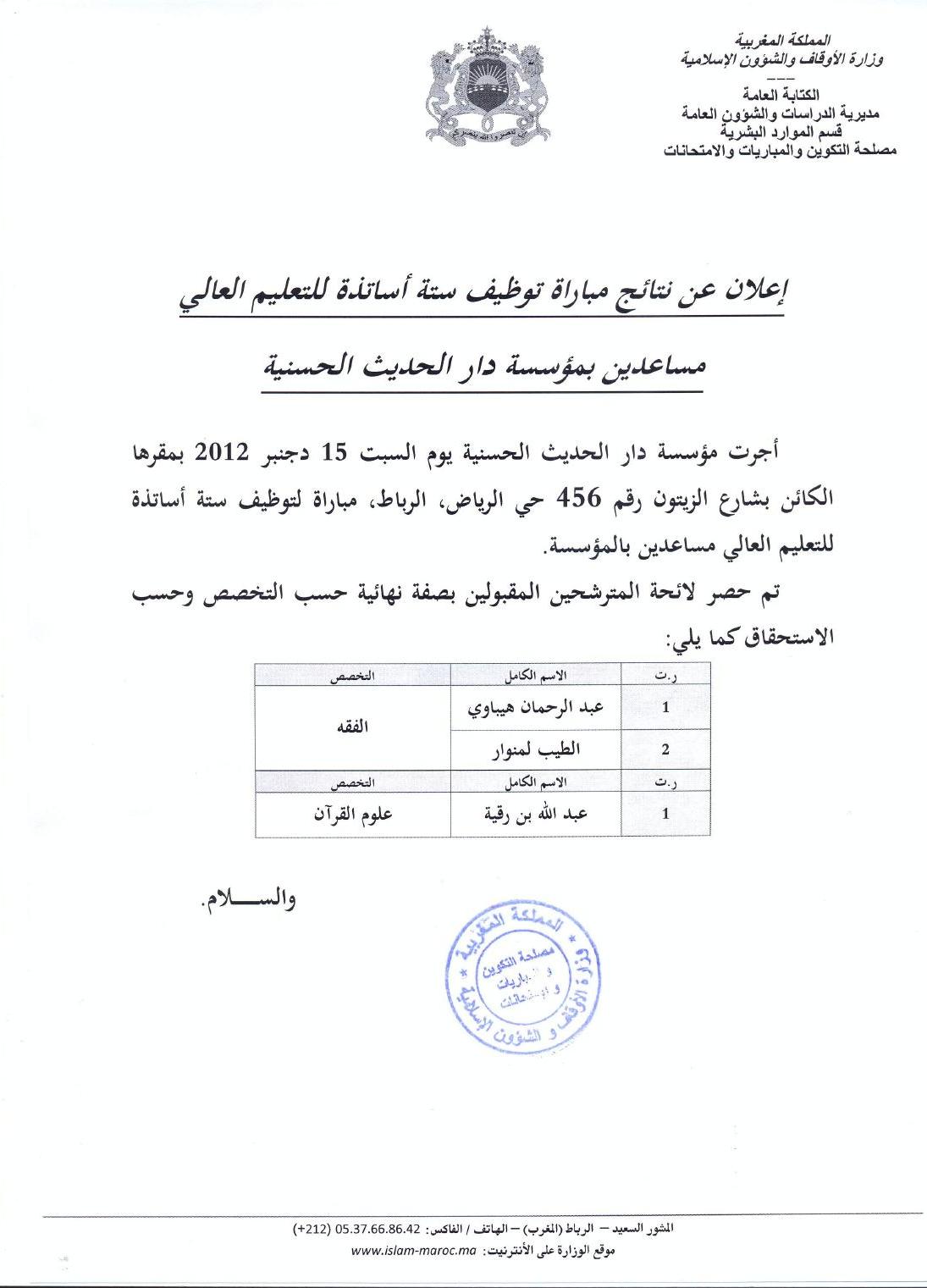 لائحة المترشحين المقبولين بصفة نهائية في مباراة توظيف ستة أساتذة للتعليم العالي مساعدين بدار الحديث الحسنية 